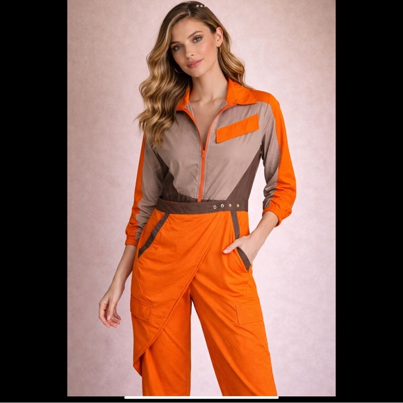 Hot & Delicious Utility Jumpsuit S Orange Taupe Zip Front Belted Cargo - Picture 3 of 16